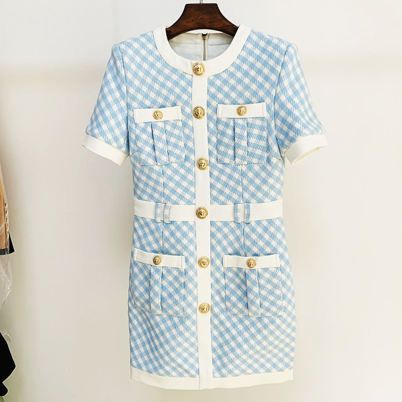 HIGH STREET Newest Fashion Fall Winter Designer Women's Short Sleeve Lion Buttons Color Block Plaid Tweed Dress