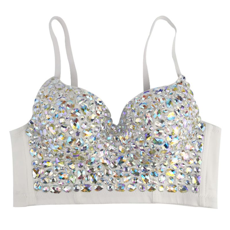 Women AB Colored Rhinestone Bustier Crop Top Spaghetti Strap Push Up Corset Vest