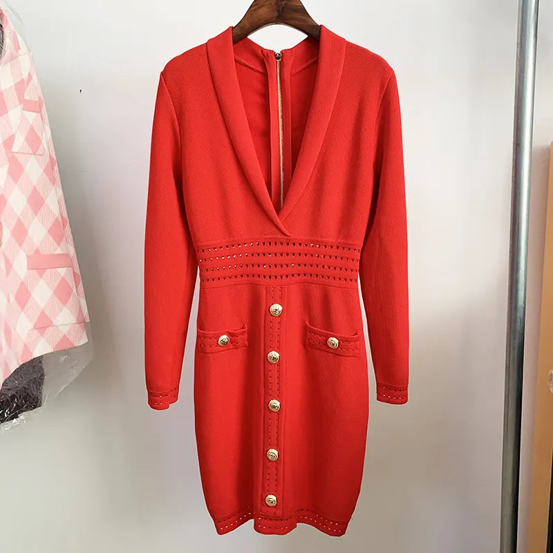 Fall Winter Designer Dress Women's Long Sleeve Notched Collar Knit Dress