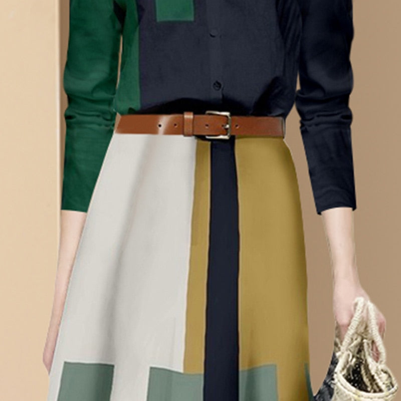 New Fashion Office Suits Women Spring Fall Long Sleeve Hit Color Shirts Top High Waist Midi A-Line Belt Slim Skirt Two Piece Set
