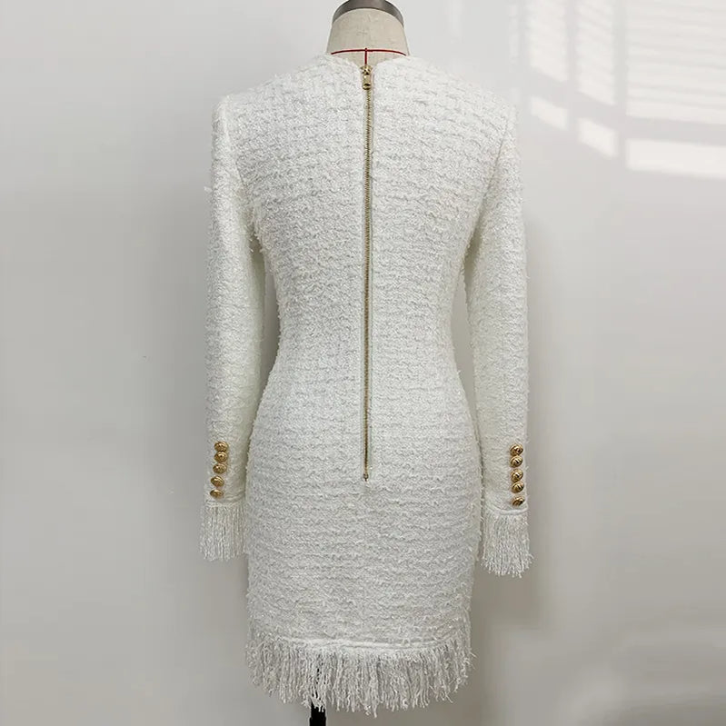 Fall Winter Newest Designer Dress Women's V-neck Long Sleeve Lion Buttons Tassel Fringed Tweed Dress