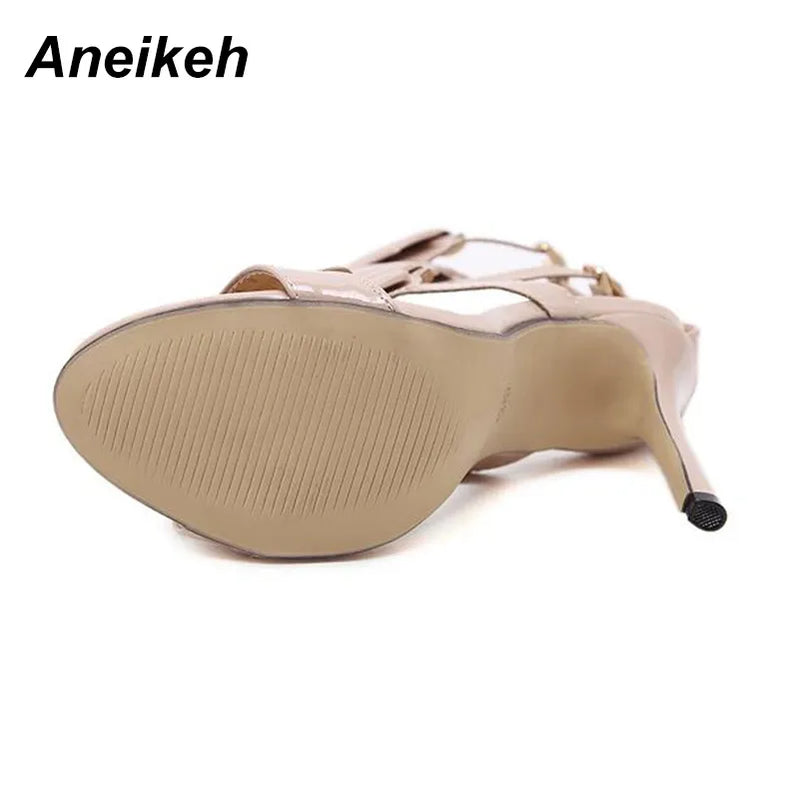 Aneikeh 2024 Patent Leather Sandalias De Las Mujeres TOTEM Women Shoe Party Fashion Buckle Strap Round Toe Thin Heels Size 35-42