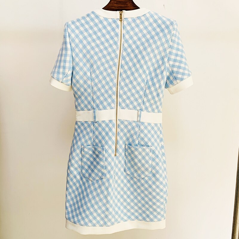 HIGH STREET Newest Fashion Fall Winter Designer Women's Short Sleeve Lion Buttons Color Block Plaid Tweed Dress