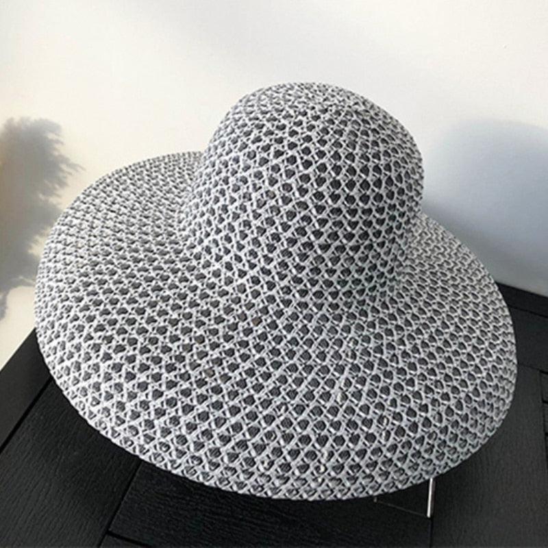 HT3072 New Summer Hat Women Vintage Wide Brim Sun Hat Female Dome Beach Cap Lady Breathable Straw Hat Women Patchwork Beach Hat White 56-58cm