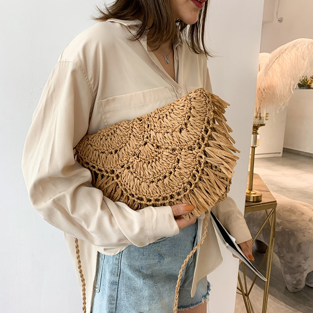 Straw Bags For Women Handmade Tassel Beach Bags Raffia Rattan Woven Handbags Female Vacation Crossbody Bags Clutch