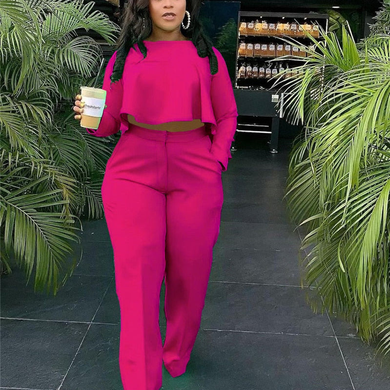 Elegant Work Wear Two Piece Set Fall Clothes for Women Ruffles Crop Top and Wide Leg Pants Suits Matching Sets Sexy Club Outfits Rose Red