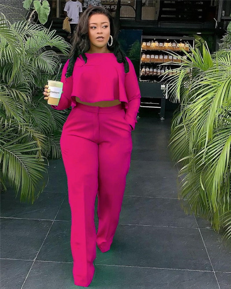 Elegant Work Wear Two Piece Set Fall Clothes for Women Ruffles Crop Top and Wide Leg Pants Suits Matching Sets Sexy Club Outfits Rose Red