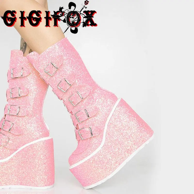 GIGIFOX Brand New Big Size 43 Black Pink Goth Cool Punk Motorcycle Boots Platform Wedges High Heels Chunky Boots Women Shoes
