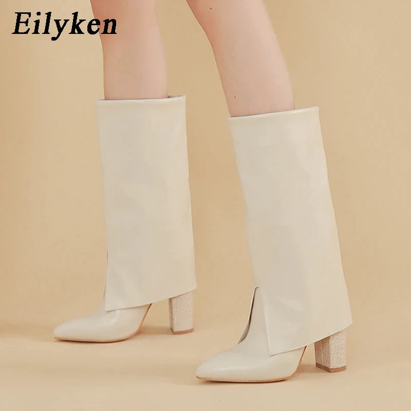 Eilyken New Chunky Heel Pointed Toe Women Long Knee High Boots Black Winter Shoes Female Chelsea Booties Size 35-42