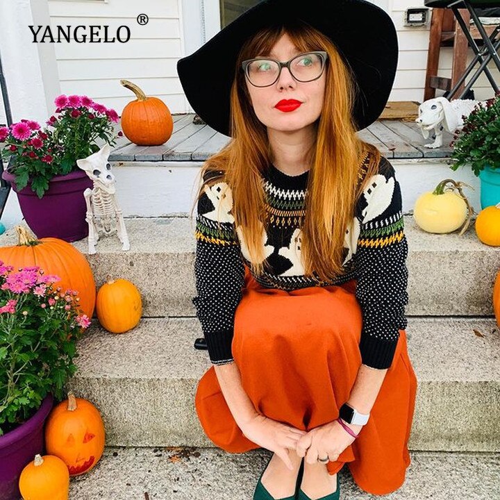 Y2k Sweaters Women Halloween's Clothes Gothic Ghost Knitted Pullover for Autumn Winter Purple Streetwear Girl's Top