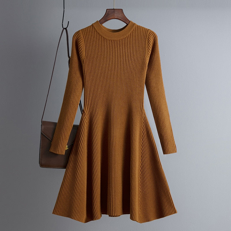 HLBCBG basic autumn winter short aline thick sweater dress elegant knit dress women slim mini dress Female chic knit sexy dress Auburn One Size