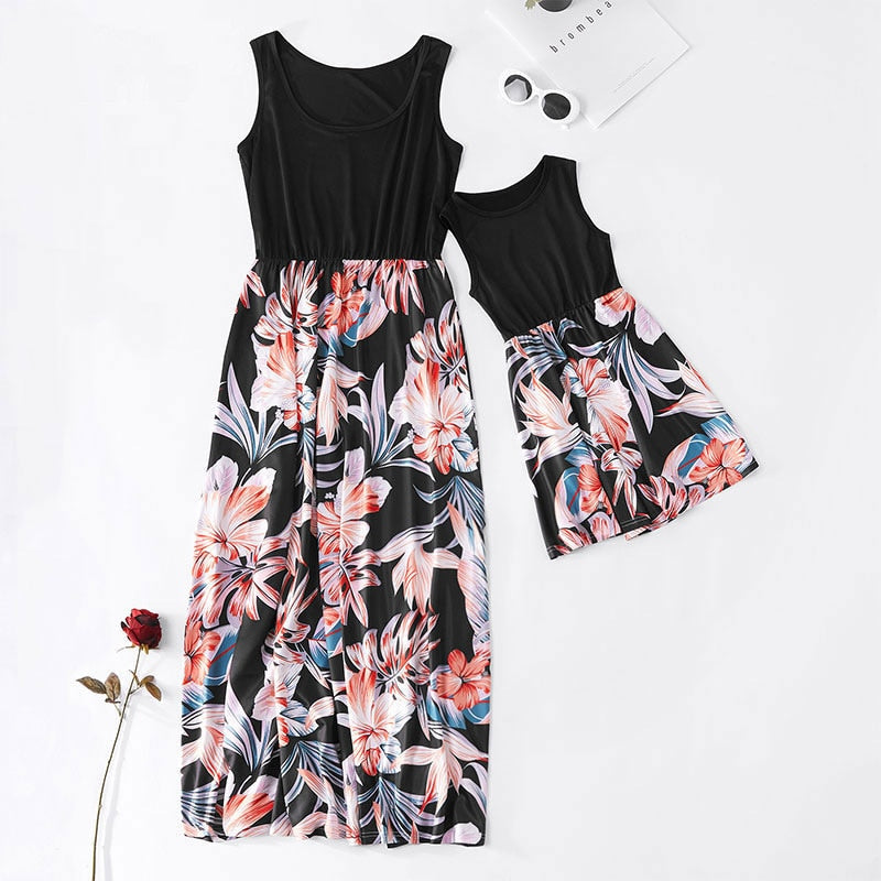 New Family Matching Maxi Tank Dress Summer Mom And Me Daughter Patchwork Floral Long Dresses For Women Mother Baby Girl Clothes