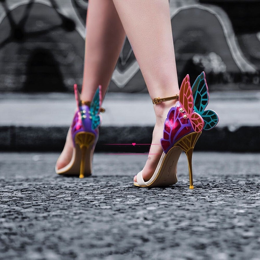 Brand Design Butterfly Back Sandals Angel Wing Sandalias Woman High Heels Buckle Strap Thin Heels Lady Pumps