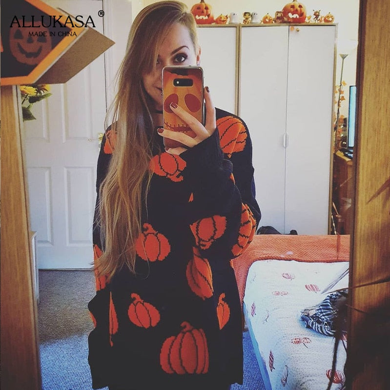 Gothic black pumpkin cartoon print ladies sweater autumn O-neck long-sleeved loose women's pullover loose Halloween party top