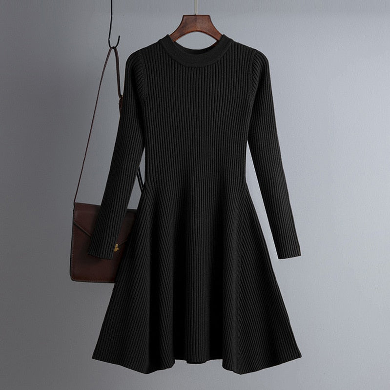 HLBCBG basic autumn winter short aline thick sweater dress elegant knit dress women slim mini dress Female chic knit sexy dress Black One Size