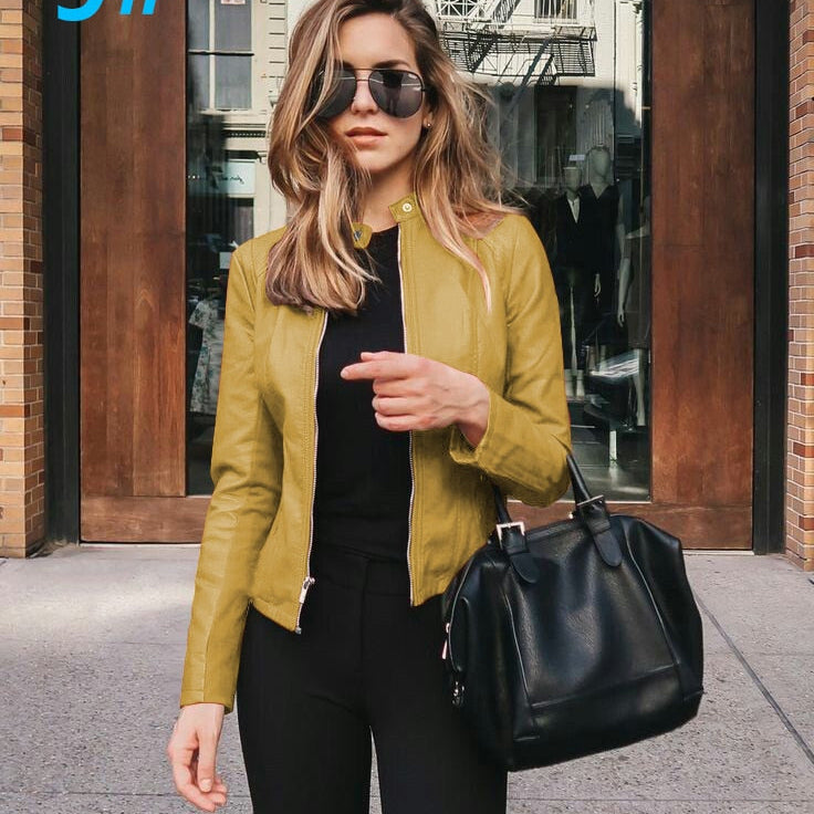 Women Bike Coat PU Leather Outwear Zipper Outfit Spring Autumn WomeFashion Short Thin Female Jacket 9