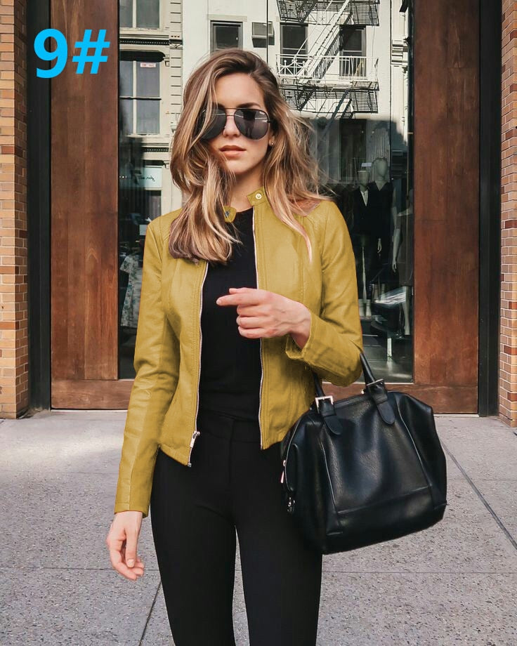 Women Bike Coat PU Leather Outwear Zipper Outfit Spring Autumn WomeFashion Short Thin Female Jacket