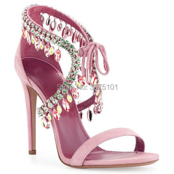 Crystal Tassel Sandals Strap Suede Women Summer Shoes Cross Diamond Stiletto Mujer Party 8cm and 10cm Pumps Big Size Euro 42