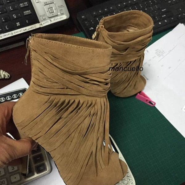 Awesome Beige Suede Fringe Thin High Heel Ankle Boots Women Classy Peep Toe Tassel Stiletto Heel Sandal Booties New Arrival as pic 1