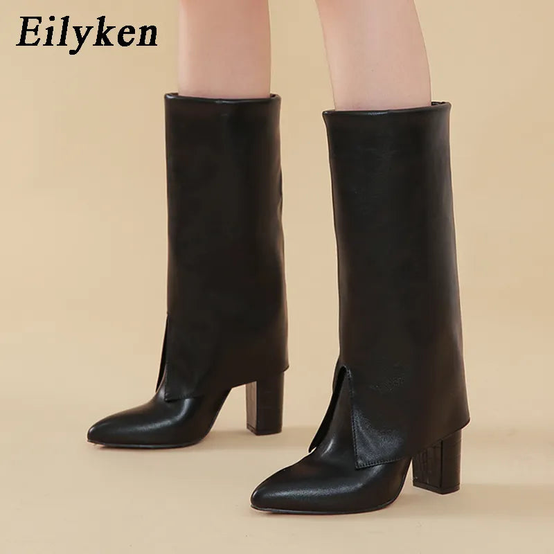 Eilyken New Chunky Heel Pointed Toe Women Long Knee High Boots Black Winter Shoes Female Chelsea Booties Size 35-42