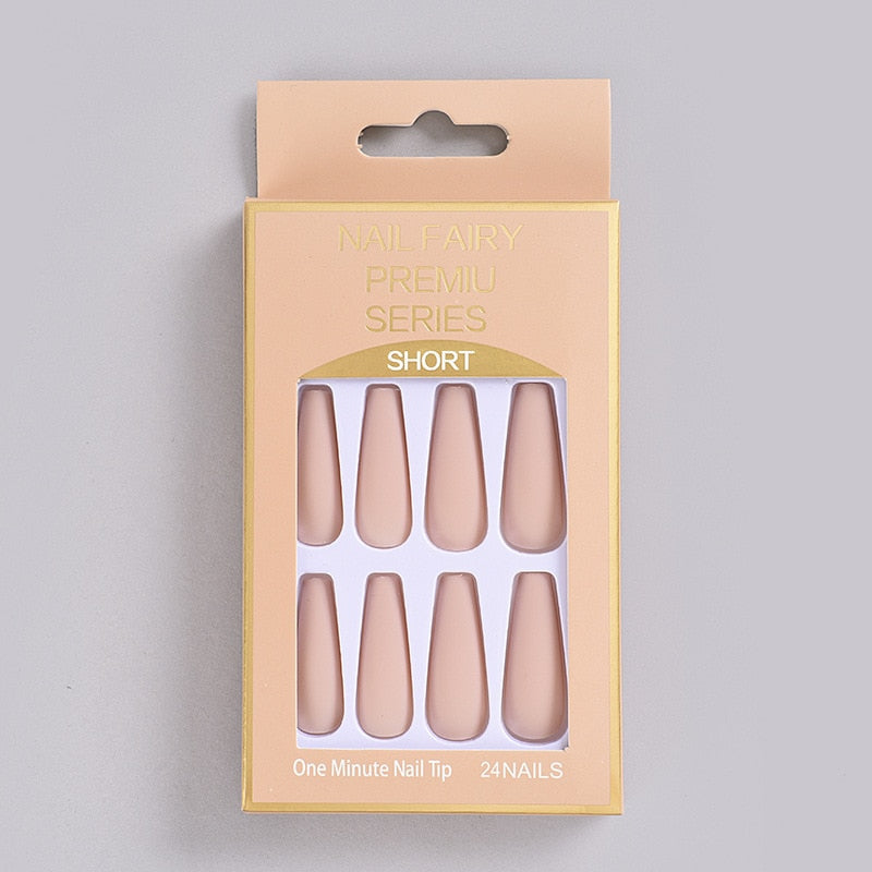 24Pcs/Box Matte Frosted False Nails Detachable Fake Nail Press On Full Cover Nail Tips With Glue Ballet Artificial Fingernails HZ-BL-A34