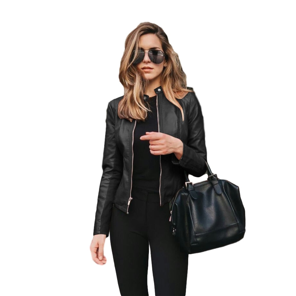 Women Bike Coat PU Leather Outwear Zipper Outfit Spring Autumn WomeFashion Short Thin Female Jacket