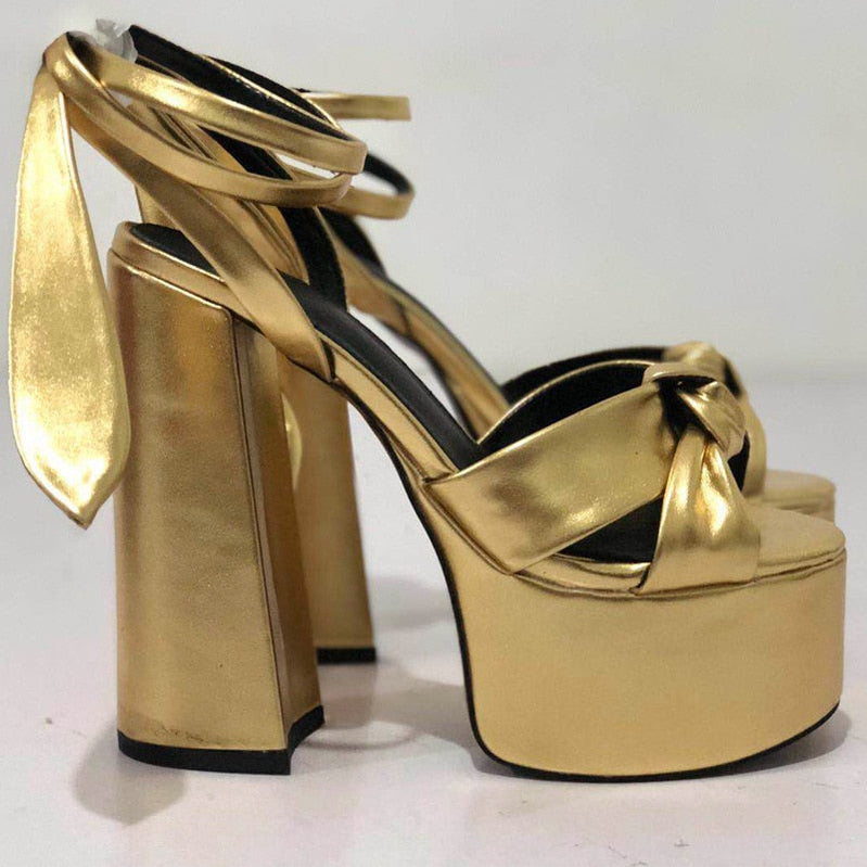 Women Sandals Summer Shoes Sexy Thick High Heels Platform 10 colors Dress Party Wedding Shoes Woman Pumps Bow love heels Gold