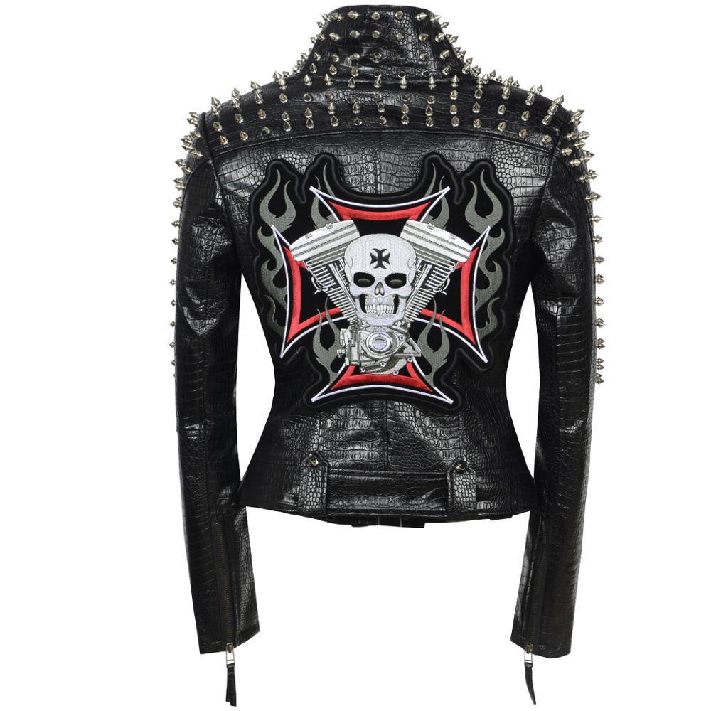 SX Occident Fashion women Club hot style Stud slim fit jacket shoulder rivets zip stitching short PU leather rock coat ying7