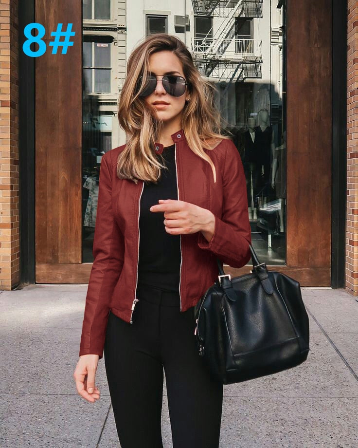 Women Bike Coat PU Leather Outwear Zipper Outfit Spring Autumn WomeFashion Short Thin Female Jacket