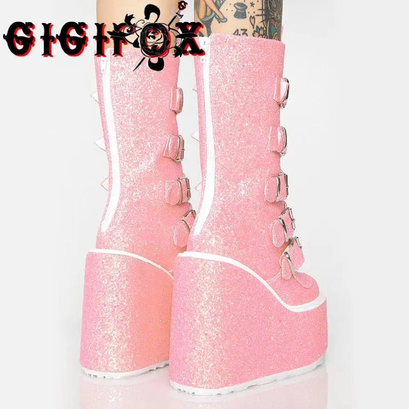 GIGIFOX Brand New Big Size 43 Black Pink Goth Cool Punk Motorcycle Boots Platform Wedges High Heels Chunky Boots Women Shoes