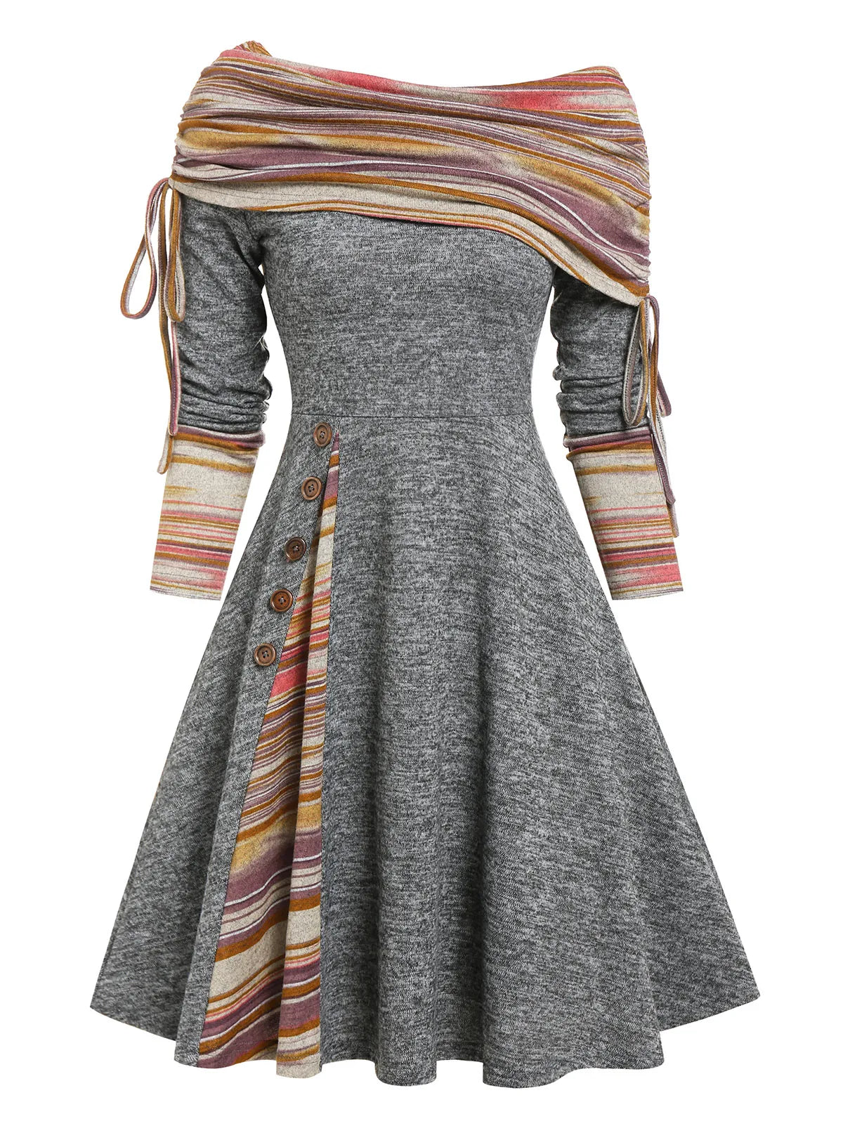 Convertible Cinched Striped Flare Dress Foldover Off The Shoulder Knitted Dresses Women Long Sleeve Jurken