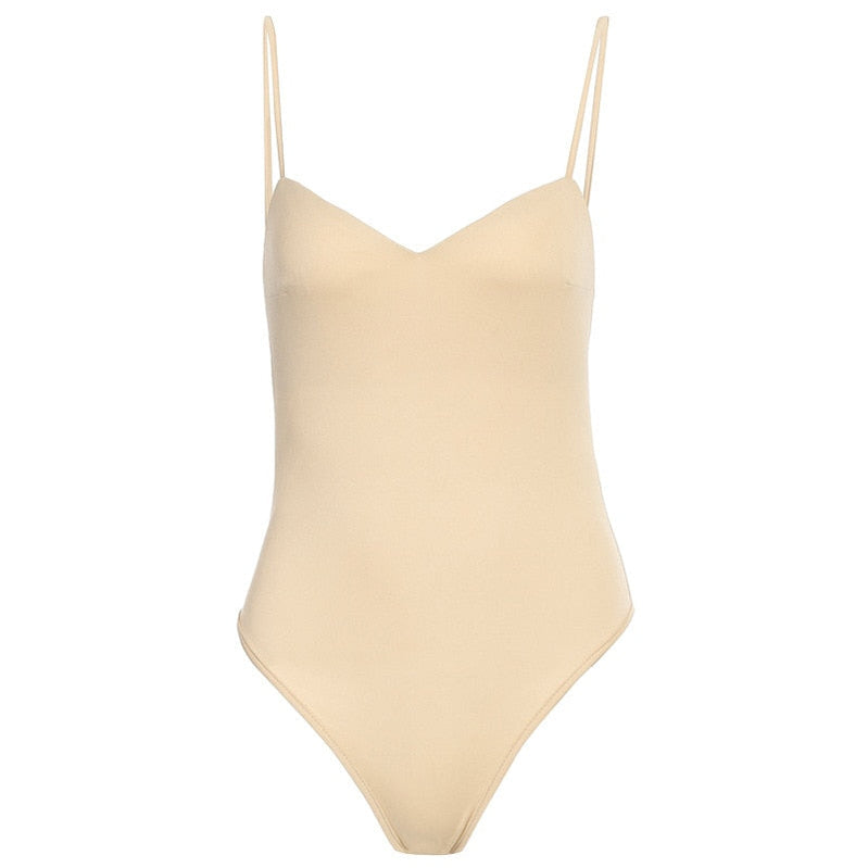 Elegant Bodysuit for Women Summer Tops Spaghetti Strap Sleeveless Body Suit Women's Bodycon Black White One Piece Outfits Ivory