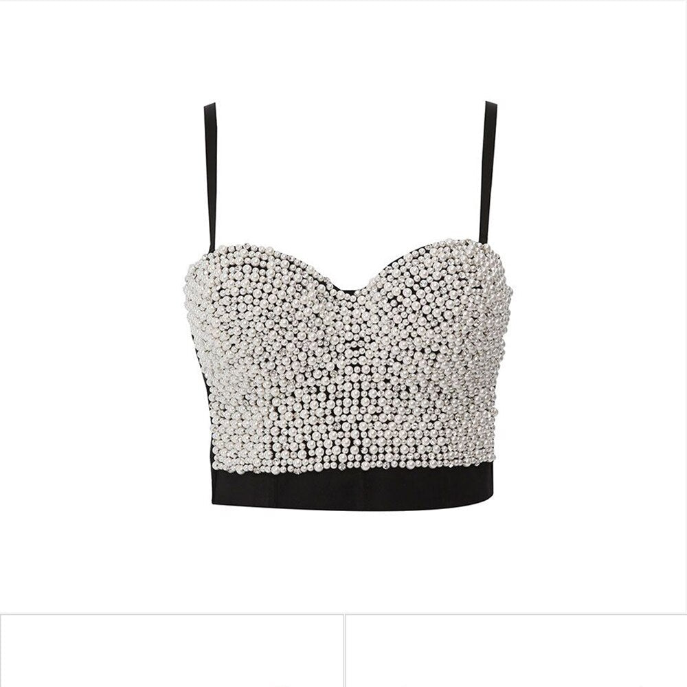 Irene Tinnie Hand-made Pearls Jewel Diamond Bralet Women's Bustier Bra Wedding Party Corset Cropped Top Vest Plus Size
