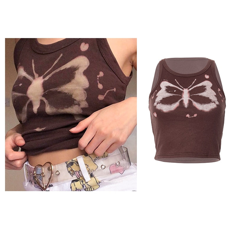 Vintage Brown Halter Camisole Hollow Out Cyber Y2k Crop Top Women Gothic Sexy Aesthetic Fairy Corset Tank Camis 90s Clothes nz911-brown