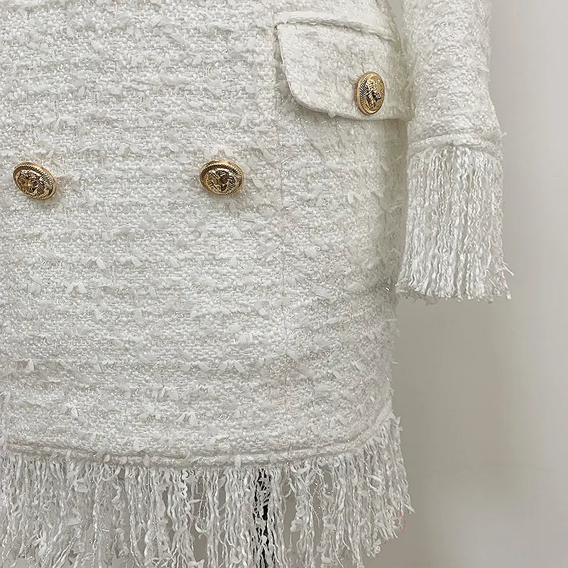 Fall Winter Newest Designer Dress Women's V-neck Long Sleeve Lion Buttons Tassel Fringed Tweed Dress