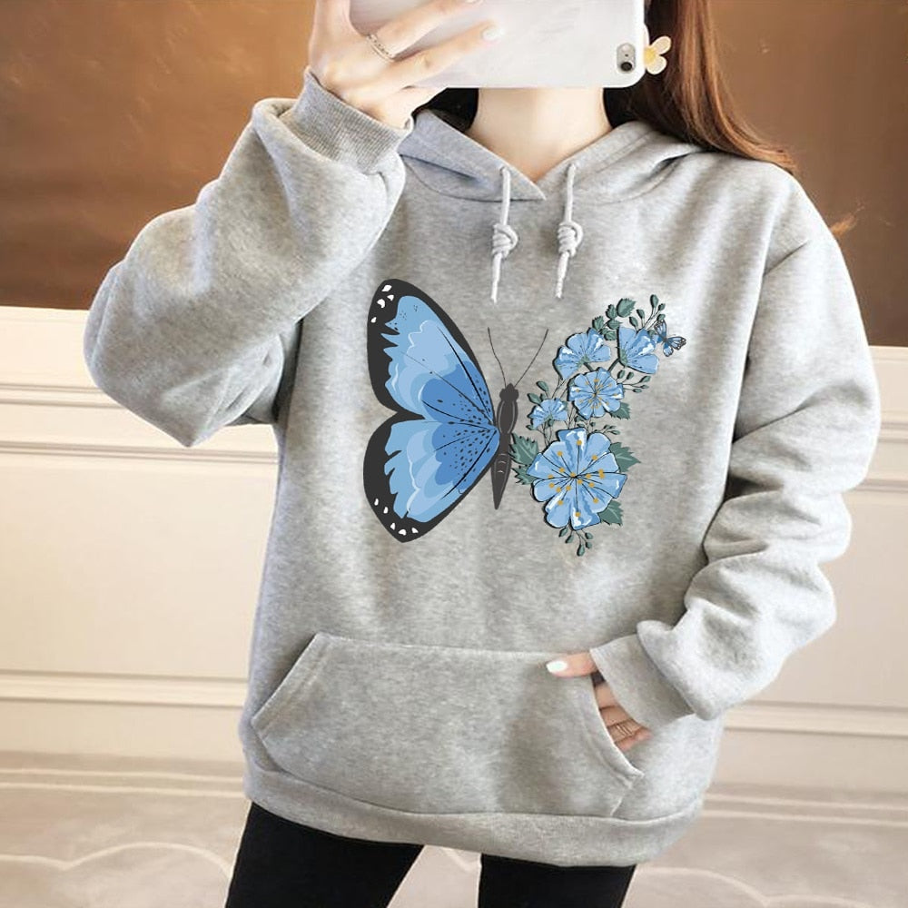 Hoodie Women's Fashion Sports Pullover Fall Long Sleeve Base Pullover Girls Casual Sports Hoodie Butterfly Print Tops grey