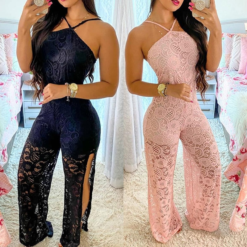 Elegant Jumpsuit Women Summer Halter Sleeveless Crochet Lace High Slit See Through Holiday Long Sexy Long One Piece Suits