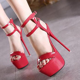 Aneikeh Ankle Strap Heels Platform Sandals Party Shoes For Women Wedding Pumps 16cm High Heels Sequined Gladiator Sandals Black Red 1