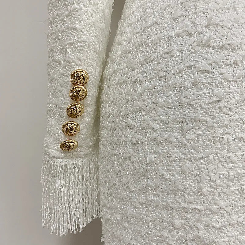 Fall Winter Newest Designer Dress Women's V-neck Long Sleeve Lion Buttons Tassel Fringed Tweed Dress