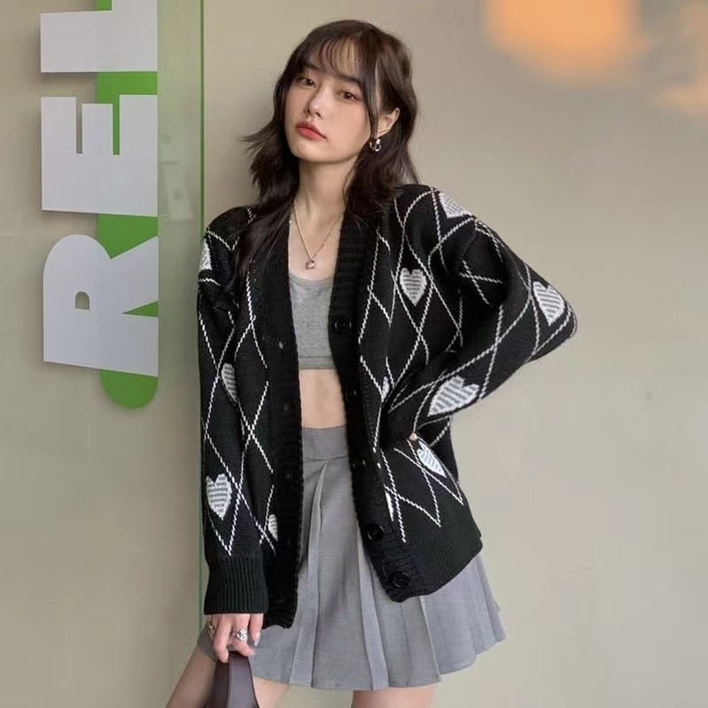 Women Knitted Cardigan Argyle Heart Pattern Jacquard Sweater Long Sleeve Love Style Coat Fall Winter Vintage Korean Tops Sweater