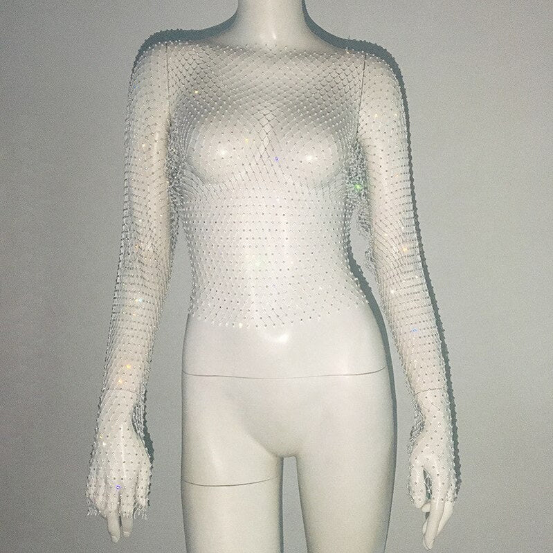 Sexy Mesh See Through T Shirt Shiny Rhinestone Fishnet Hollow Out Women Sexy Crop Top Long Sleeve Camis Cover Up Party Tank Tops White