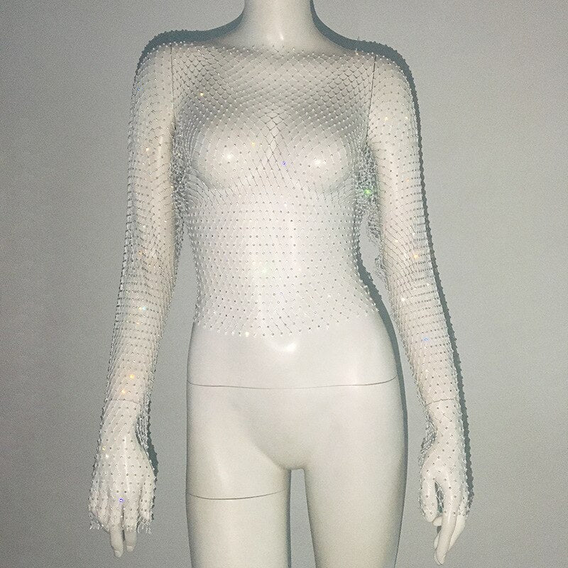 Sexy Mesh See Through T Shirt Shiny Rhinestone Fishnet Hollow Out Women Sexy Crop Top Long Sleeve Camis Cover Up Party Tank Tops White
