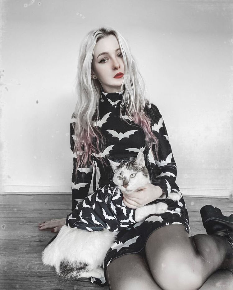 Gothic Black Bat Printed Dress Tutleneck for Women Long Sleeve Spring Fall Punk Vestidos Party Outfits Soft Clothes