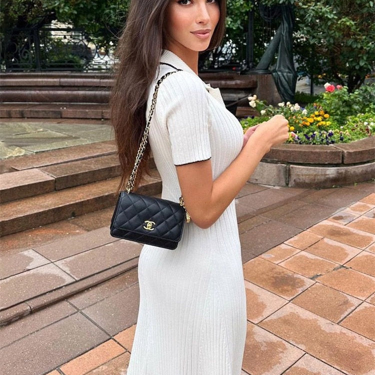 Tossy White Knit Fashion Maxi Dress Women Short Sleeve Patchwork Elegant Party Dress Knitwear Lapel High Street Women's Dress