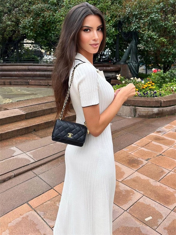 Tossy White Knit Fashion Maxi Dress Women Short Sleeve Patchwork Elegant Party Dress Knitwear Lapel High Street Women's Dress