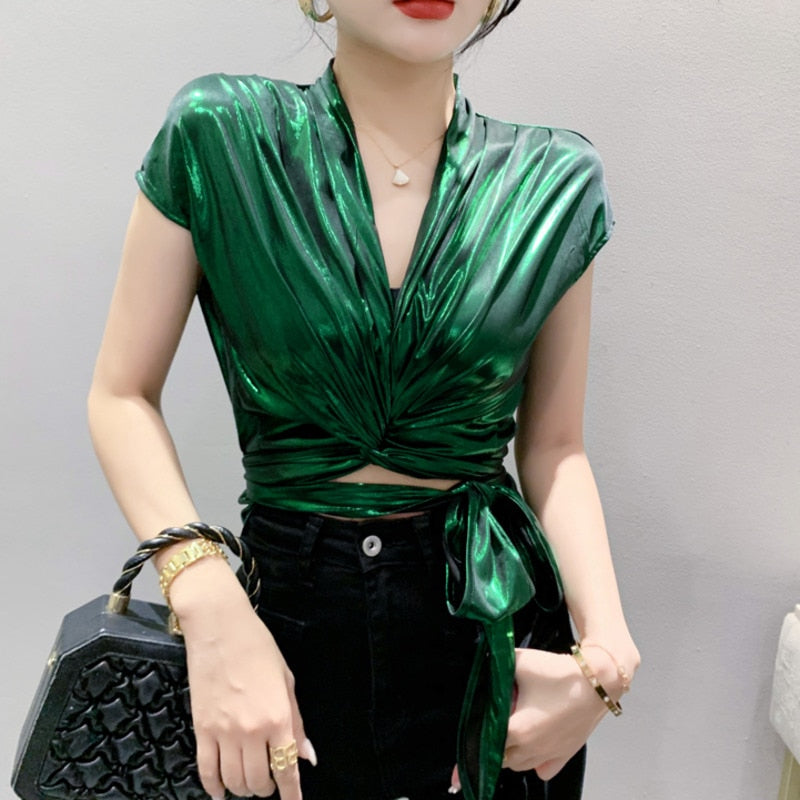 Gold Silver Green Shinny Sleeveless T Shirt Women Sexy Streetwear Sexy Irregular Short Wrap T-shirt Female Summer