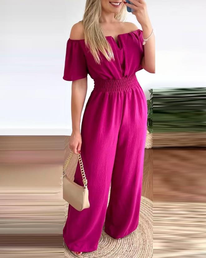 Jumpsuits for Women Spring Fashion Off Shoulder Casual Plain Short Sleeve Shirred Waist Daily Long Wide Leg Jumpsuit C