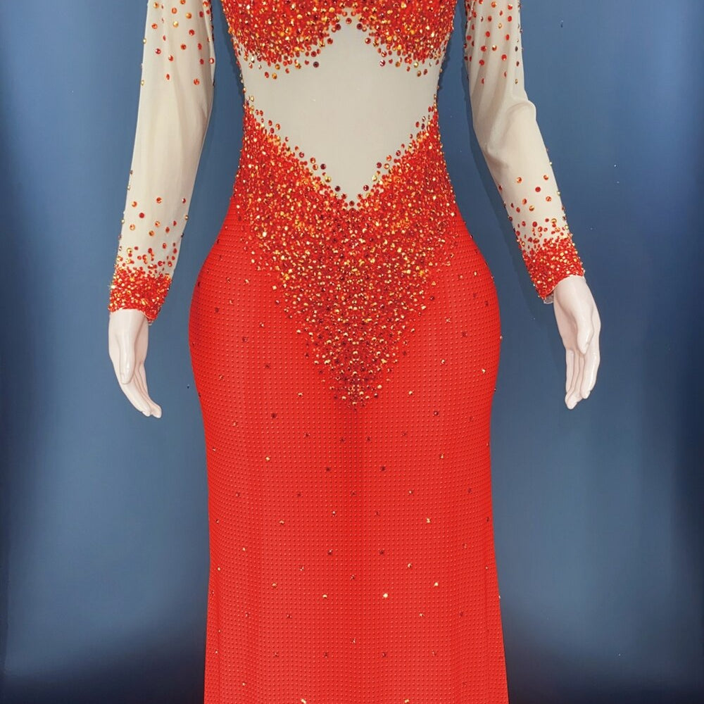 Sparkly Rhinestones Long Sleeves Mesh Transparent Dress Birthday Celebrate Gown Outfit Women Sexy Evening Prom Party Dress Red