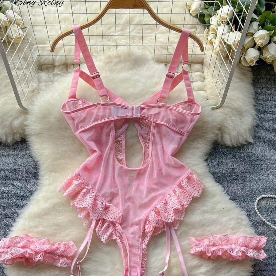 Shapewear Lace Lingerie Bodysuits Women Hollow Out Transparent Slim Sensual Rompers Hotsweet Erotic Sheer Playsuits
