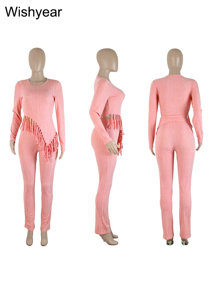 New In Fringe Tassel Long Sleeve Top and Pants Two Piece Set for Women Autumn Winter Birthday Party Club Night Outfit